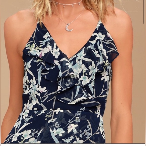 Lulu's Navy Floral Mini Chiffon Dress With a Ruffle V-Neck Size M - Picture 2 of 13